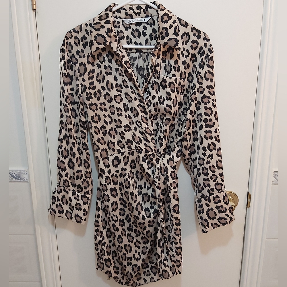 Zara Beige and Brown Animal Print Wrap Dress Size Small (S)